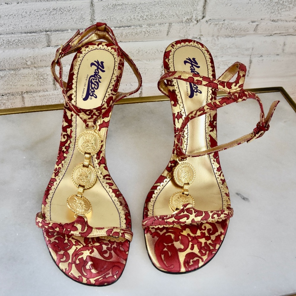 Hale Bob Deep Red & Gold Medallion Strappy Heels